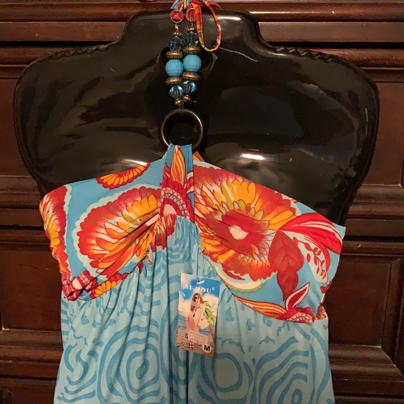 Maxi dress turquoise red yellow flowers - Picture 2 of 5